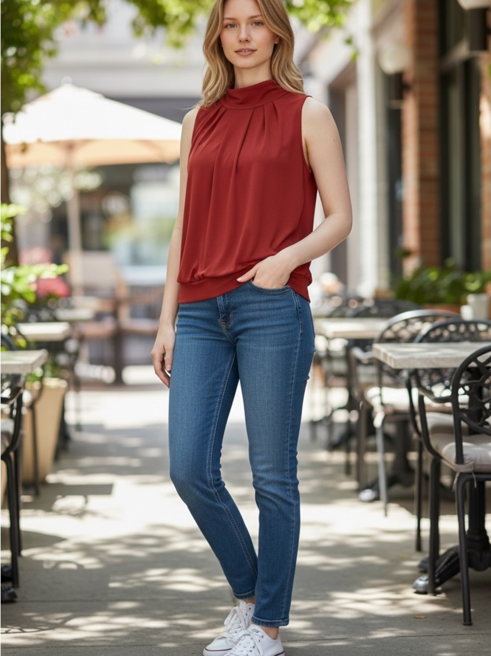 PerSeption Concept Sleeveless Mock-Neck Tank in Brick Red